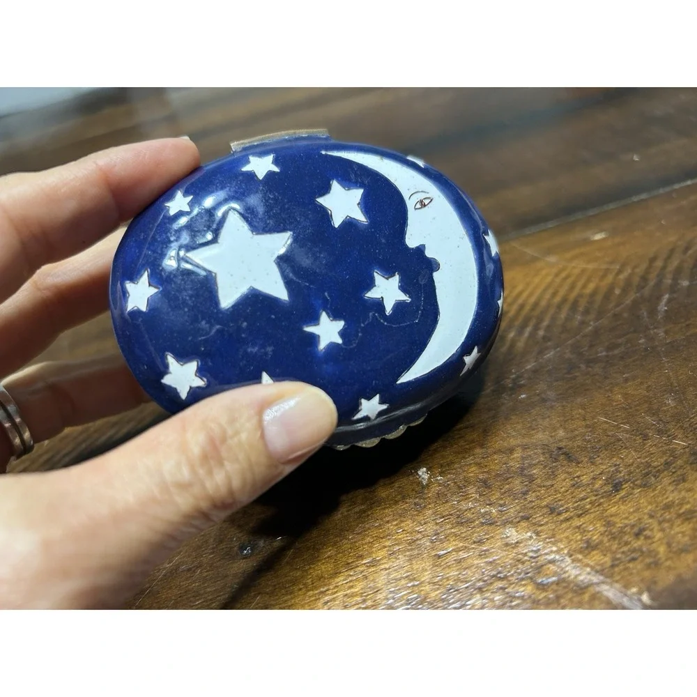Vintage Hinged Trinket Box Cloisonne Enamel Moon Stars Celestial‎ Numbered